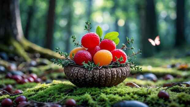 Arrangement of Berries in a Bowl on Moss in Forest photo