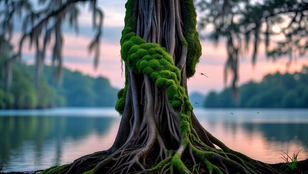 Moss Covered Tree Trunk Along Calm Lake at Dusk with Reflections photo