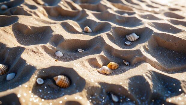 Seashells Scattered on Golden Beach Sand with Sunlight Patterns photo