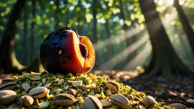 Sliced Plum Resting on Pistachios in Forest with Sun Rays photo