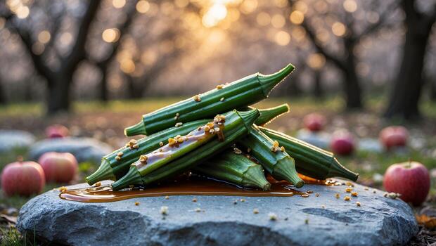 Okra with Sauce Displayed Outdoors on Stone with Apples photo