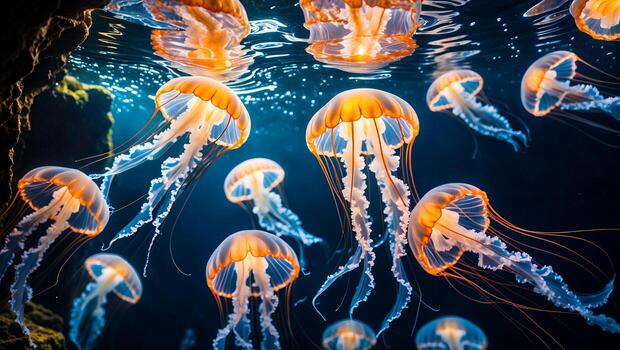 Swimming Jellyfish in Ocean Water with Light Reflections and Dark Background photo