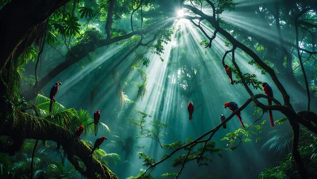 Parrots in Lush Jungle with Sunlight Streaming Through the Canopy photo