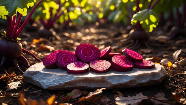 Sliced Root Vegetables on Stone Slab in Garden Setting photo
