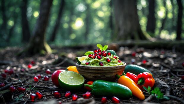 Bowl of Guacamole with Peppers and Seeds in a Forest Setting photo