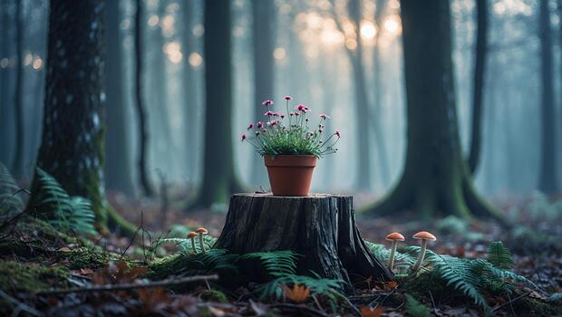 Flowers in Pot on Tree Stump in Foggy Forest Backdrop photo