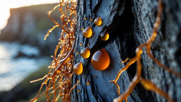 Resin Drops on a Bark Trunk with a Sea View Background photo