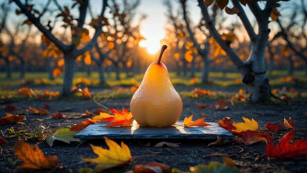 Ripe Pear on Slate Slab in Orchard with Autumn Leaves photo