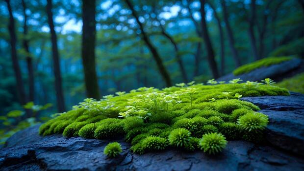 Green Moss Growing on Rock in Forest Setting Creates Serene Scene photo
