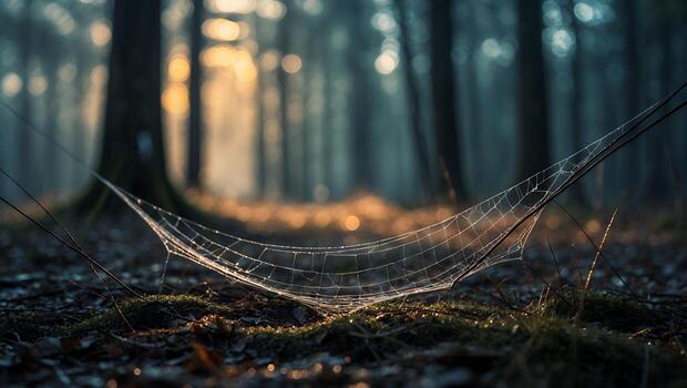 telaraña cubierto en gotas de rocío en brumoso bosque a amanecer foto