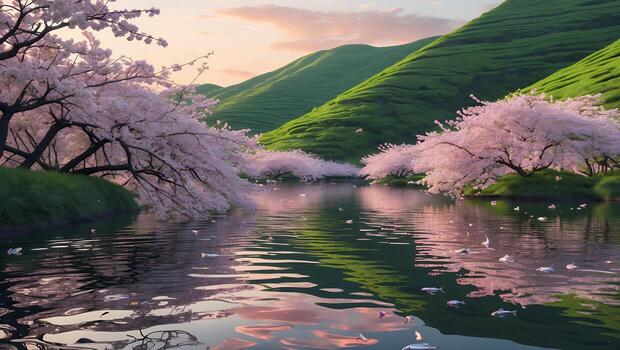 Blooming Cherry Trees by River with Hills Landscape in Springtime photo