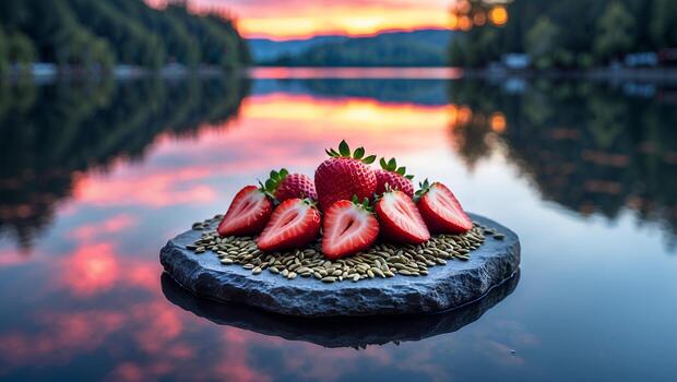 Fresh Strawberries and Seeds on a Stone Slab Floating on Water photo