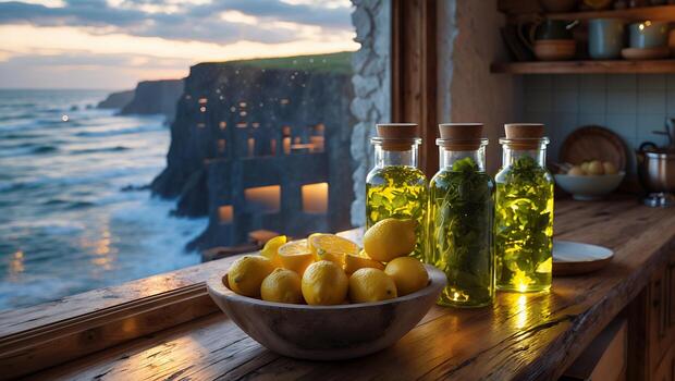 Lemons and Herbal Oils on Kitchen Counter with Ocean View photo