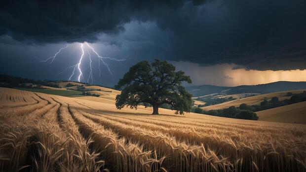 Tree in Wheat Field Under Dramatic Sky with Lightning Strike photo