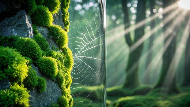 Spiderweb in Forest with Sunlight and Mossy Rocks Landscape View photo