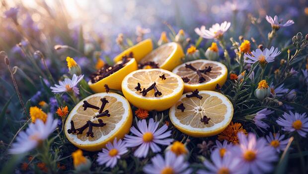Lemon Slices with Cloves Resting Among Wildflowers in a Meadow photo