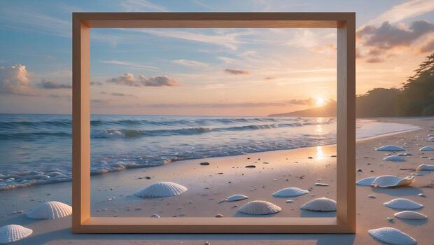 Framed Beach Sunset with Seashells and Gentle Waves at Twilight photo