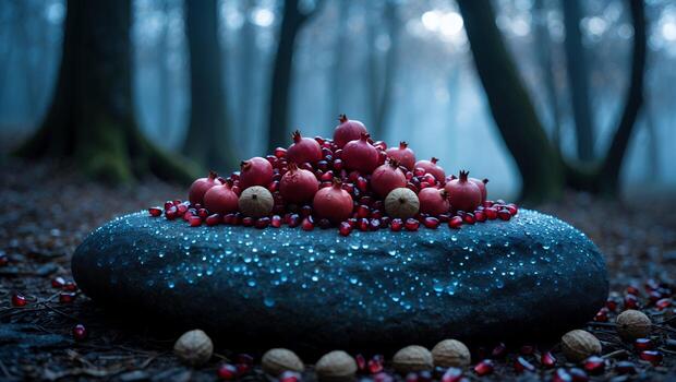 Pomegranate Arrangement on Rock in Foggy Woods with Walnuts photo