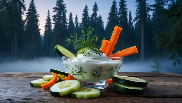Vegetable Sticks with Yogurt Dip Served Outdoors in Forest Setting photo