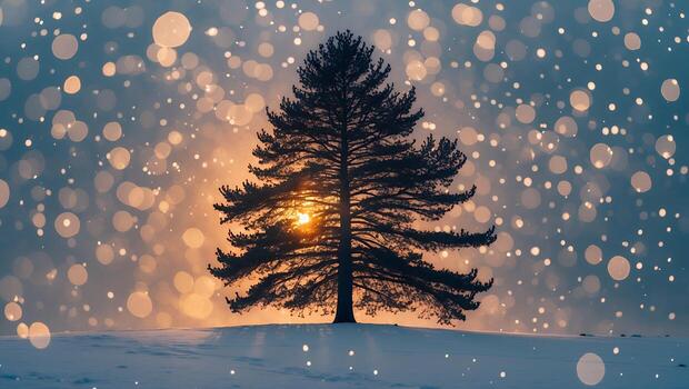 Solitary Tree in Winter Snow with Bokeh and Glowing Sunlight photo