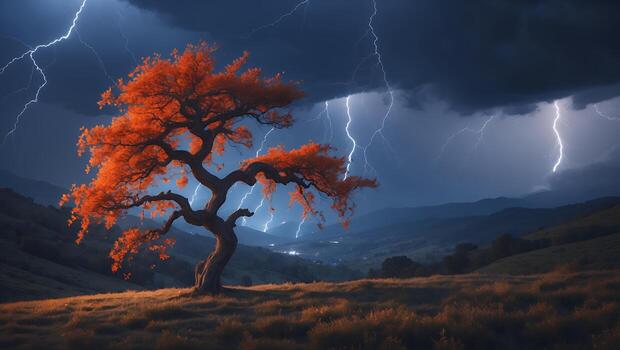 Dramatic Lightning Strikes Behind Tree on Hill with Autumn Colors photo