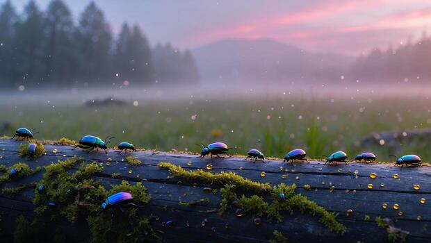 Beetles Walking on Log in Misty Meadow at Sunset photo