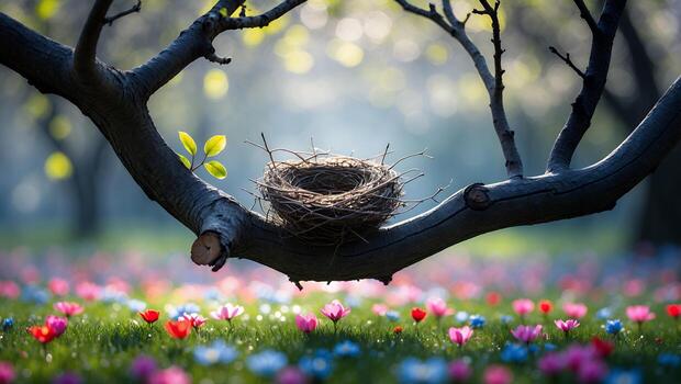 Bird's Nest on Tree Branch Above Spring Flowers Landscape photo