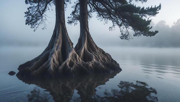 Trees Stand in Calm Lake with Exposed Roots and Misty Background photo
