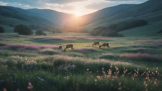 ciervo pasto en flor prado a puesta de sol con montaña fondo foto