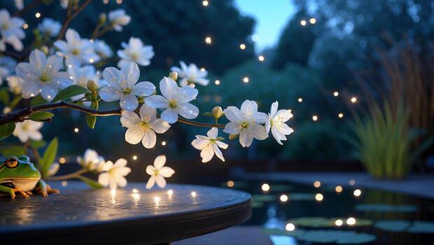 Frog Resting Beside Flowering Branch with Evening Garden Bokeh Lights photo
