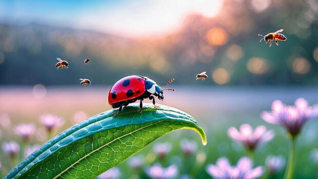 Ladybug on Leaf with Bees Flying in a Soft Sunset Light photo