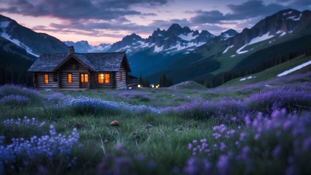 Log Cabin Nestled in Mountain Meadow with Lavender Field at Dusk photo