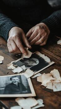 Hands handling old photographs while reminiscing in a rustic setting photo