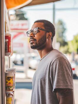 Man browsing vending machine selections on a sunny day in an urban setting photo
