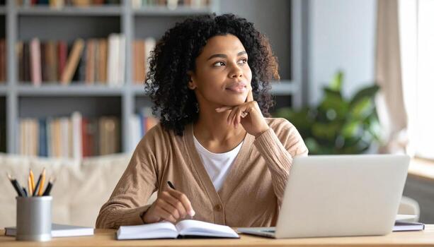 Thoughtful student or blogger is sitting at desk, contemplating solutions while writing in notebook. cozy environment features bookshelves in background, creating inspiring atmosphere photo