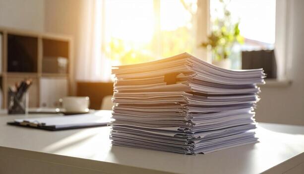 Mountain of paper sits on cluttered desk, testament to busy day filled with tasks and responsibilities. warm sunlight casts glow, enhancing workspace atmosphere photo