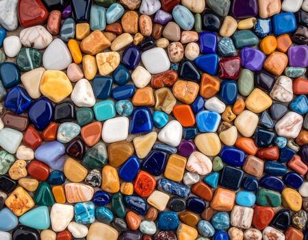 Vibrant mosaic of irregular stones showcasing unique patterns and textures, creating colorful and captivating display. Each stone adds to overall beauty and charm of collection photo