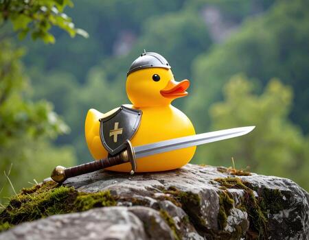 un caucho Pato con un espada en parte superior de un rock foto