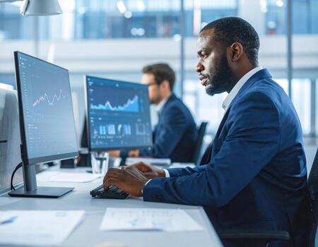 Young businessman in office working on computer, focused on data analysis and financial graphs, showcasing professionalism and dedication photo