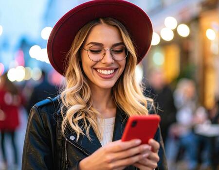 Young woman smiling while using mobile phone, wearing stylish hat and glasses, in vibrant urban setting with blurred lights in background, exuding cheerful vibe photo