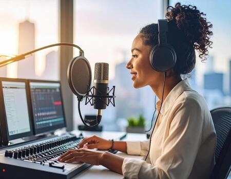 Young radio host preparing for high fidelity broadcast, wearing headphones and smiling while operating sound mixer in modern studio with city view photo
