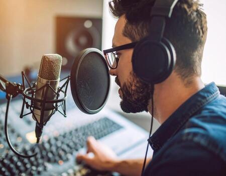 Young radio host broadcasting in studio, wearing headphones and speaking into microphone, showcasing high fidelity audio setup. atmosphere is focused and creative photo