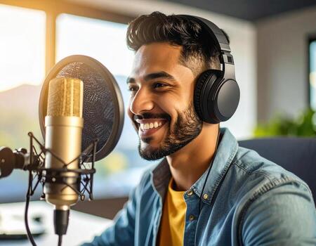 Young radio host smiling while broadcasting in modern studio, wearing headphones and speaking into microphone. warm lighting creates inviting atmosphere, enhancing joyful expression photo