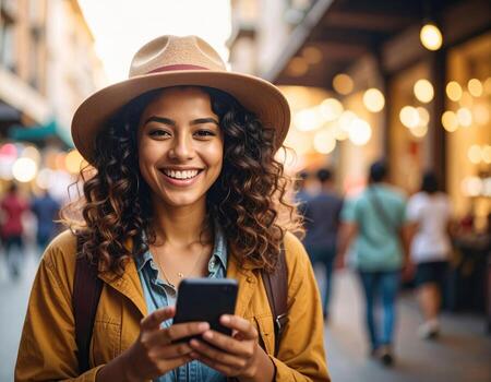 Young hipster smiling while using mobile phone in vibrant urban setting, showcasing joyful expression and stylish outfit. background features blurred lights and people, creating lively atmosphere photo
