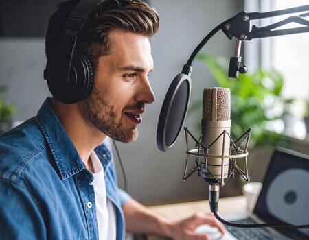 Young radio host broadcasting in studio, wearing headphones and speaking into microphone, with laptop in front, creating vibrant and engaging atmosphere photo