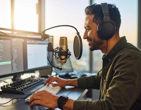 Young radio host preparing for broadcast in modern studio, wearing headphones and using microphone. atmosphere is vibrant and focused, capturing essence of high fidelity audio production photo