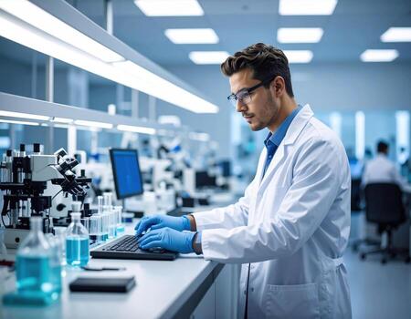 Young researcher laboratory setting is focused his work, wearing lab coat and gloves while typing computer. lab is equipped with various scientific instruments and glassware filled with blue photo