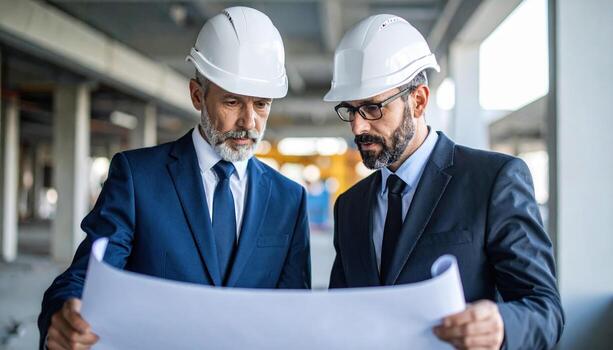 Businessman and construction engineer reviewing blueprints with focused expressions in modern building site. Their determination reflects importance of project photo