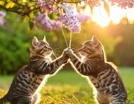 linda gatitos jugando con cuerda debajo floreciente flores durante atardecer, creando alegre y juguetón atmósfera. su Interacción vitrinas inocencia y curiosidad foto