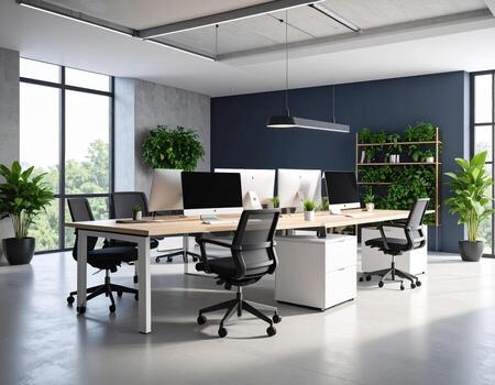 Modern office space featuring sleek desks, ergonomic chairs, and large windows allowing natural light. design incorporates greenery, creating vibrant and productive atmosphere photo